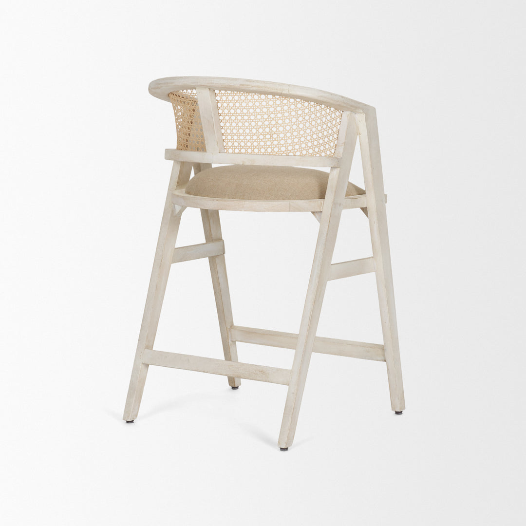 Tabitha 26.75" Seat Height Beige Fabric/Rattan Seat Blonde Wood Frame Counter Stool Dining Room Mercana