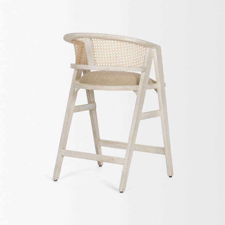 Tabitha 26.75" Seat Height Beige Fabric/Rattan Seat Blonde Wood Frame Counter Stool Dining Room Mercana