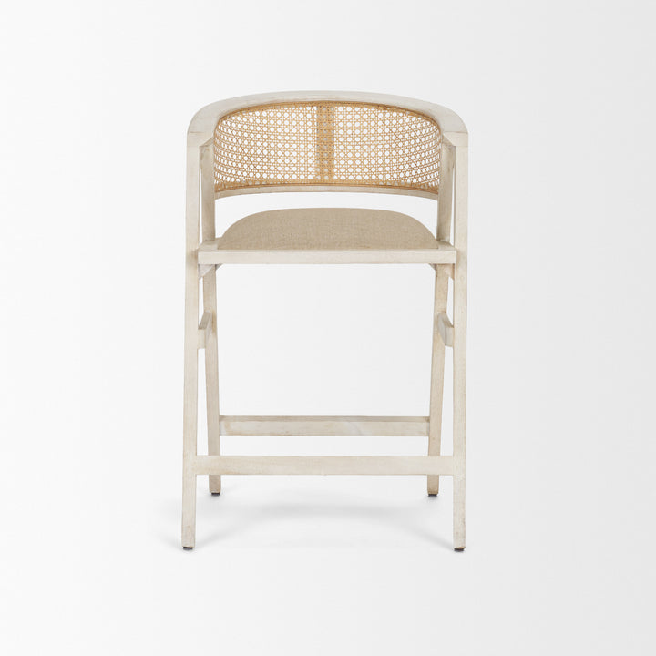 Tabitha 26.75" Seat Height Beige Fabric/Rattan Seat Blonde Wood Frame Counter Stool Dining Room Mercana
