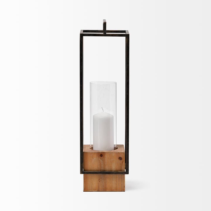Orionis Large Wood w/ Black Metal Lantern Candle Holder Decor Mercana