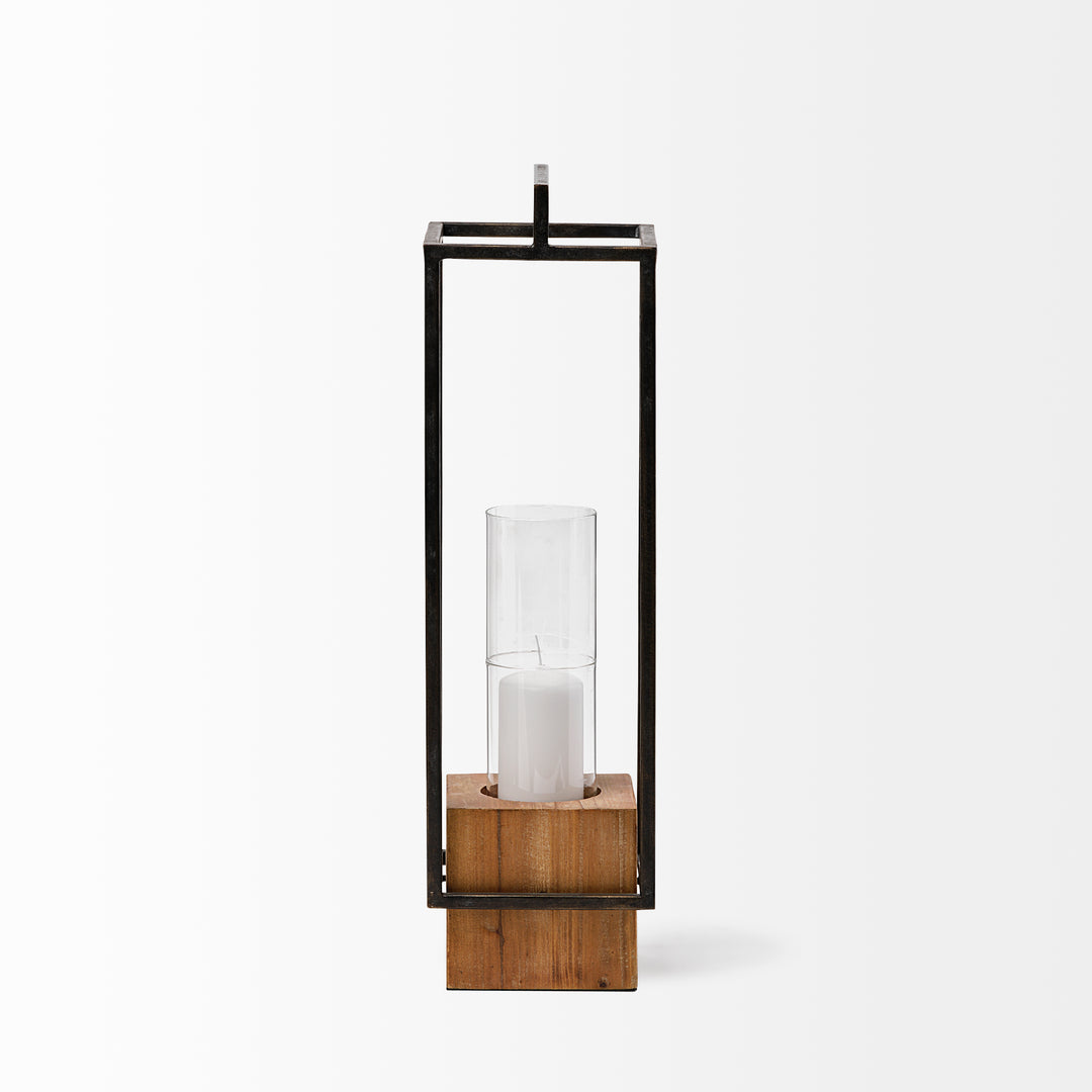 Orionis Large Wood w/ Black Metal Lantern Candle Holder Decor Mercana