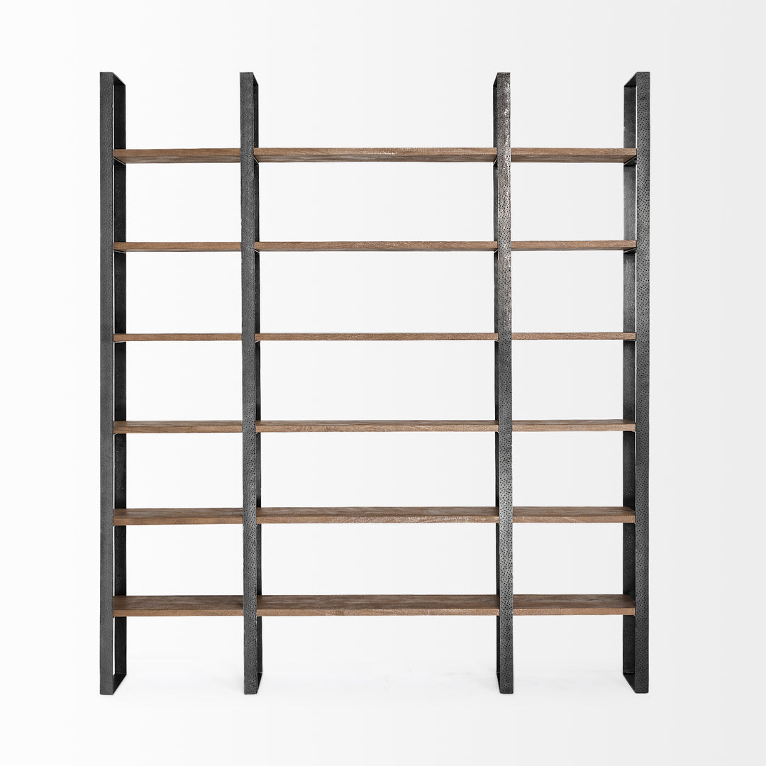 Taunton II Dark Brown Wood And Black Iron Six Shelving Unit Living Room Mercana