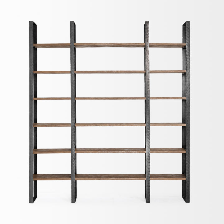 Taunton II Dark Brown Wood And Black Iron Six Shelving Unit Living Room Mercana
