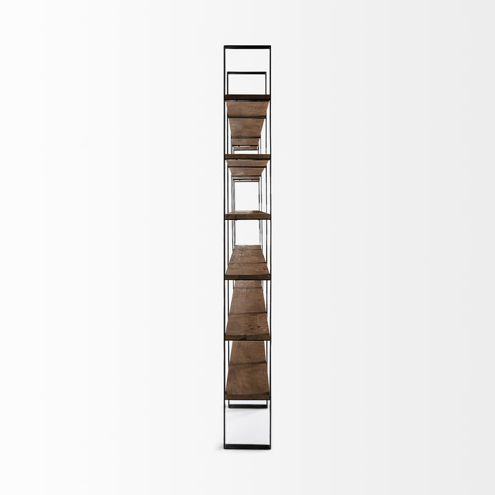 Taunton II Dark Brown Wood And Black Iron Six Shelving Unit Living Room Mercana