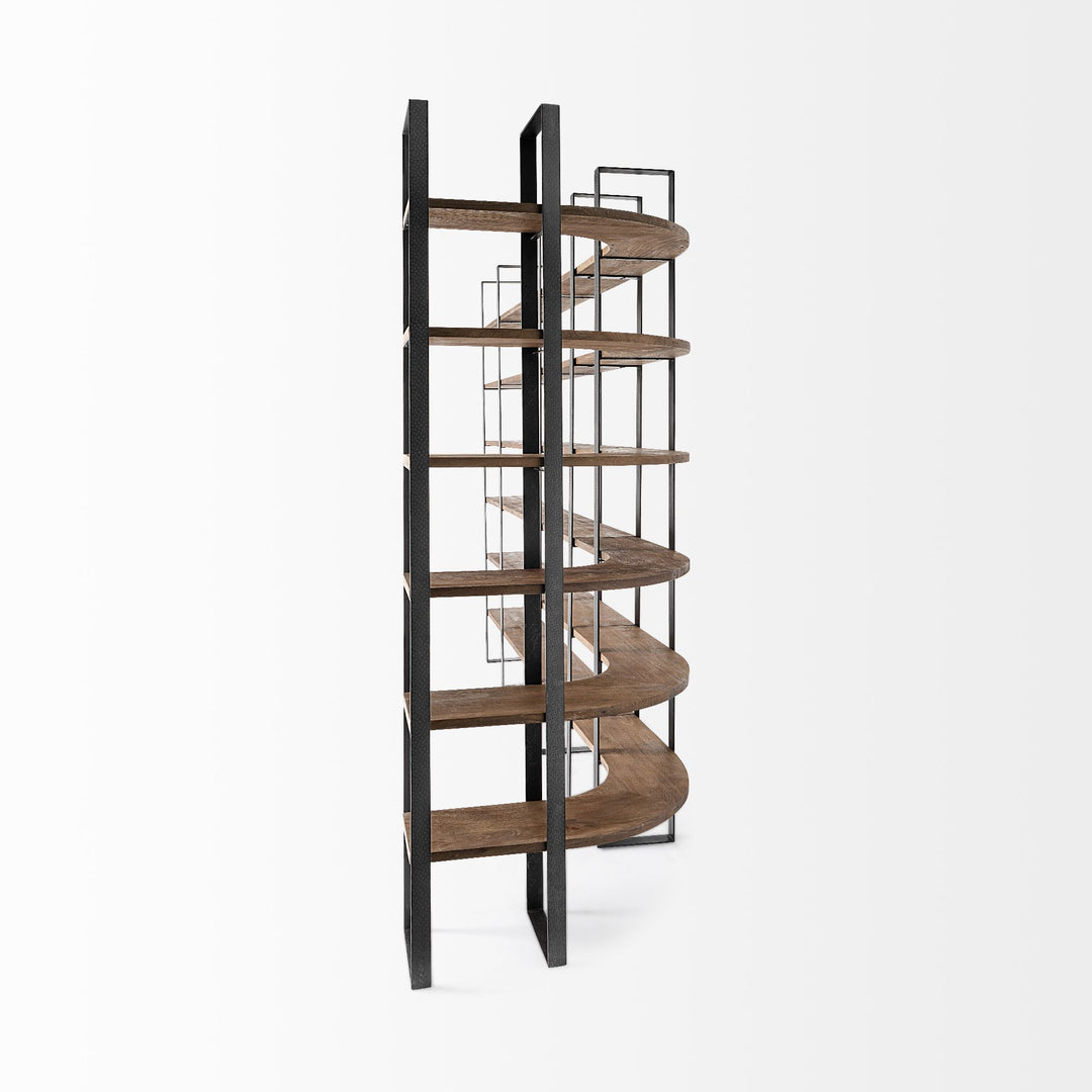 Taunton II Dark Brown Wood And Black Iron Six Shelving Unit Living Room Mercana