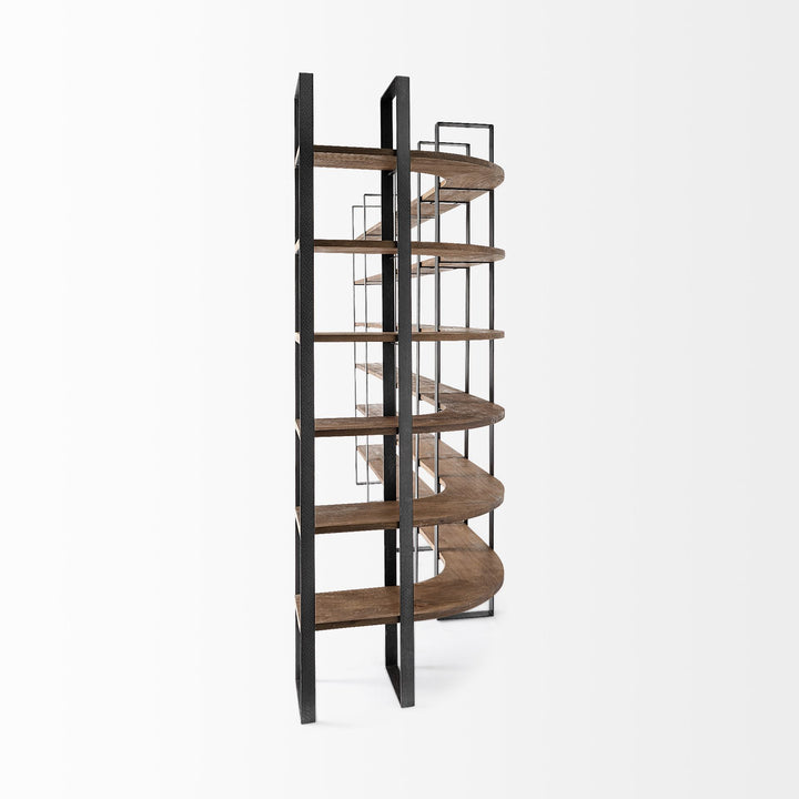 Taunton II Dark Brown Wood And Black Iron Six Shelving Unit Living Room Mercana