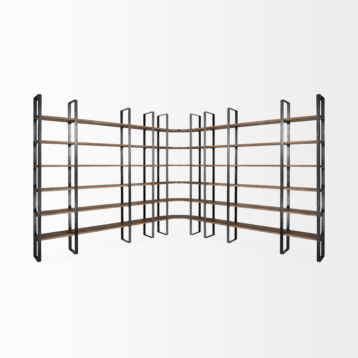 Taunton II Dark Brown Wood And Black Iron Six Shelving Unit Living Room Mercana
