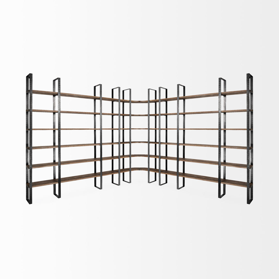 Turner II Curved Dark Brown Wood And Black Iron Six Shelving Unit Living Room Mercana