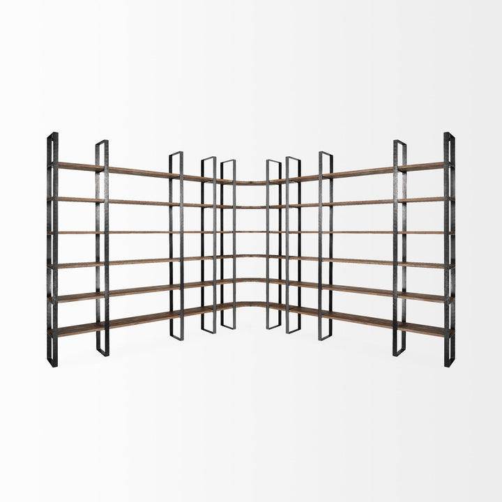 Turner II Curved Dark Brown Wood And Black Iron Six Shelving Unit Living Room Mercana