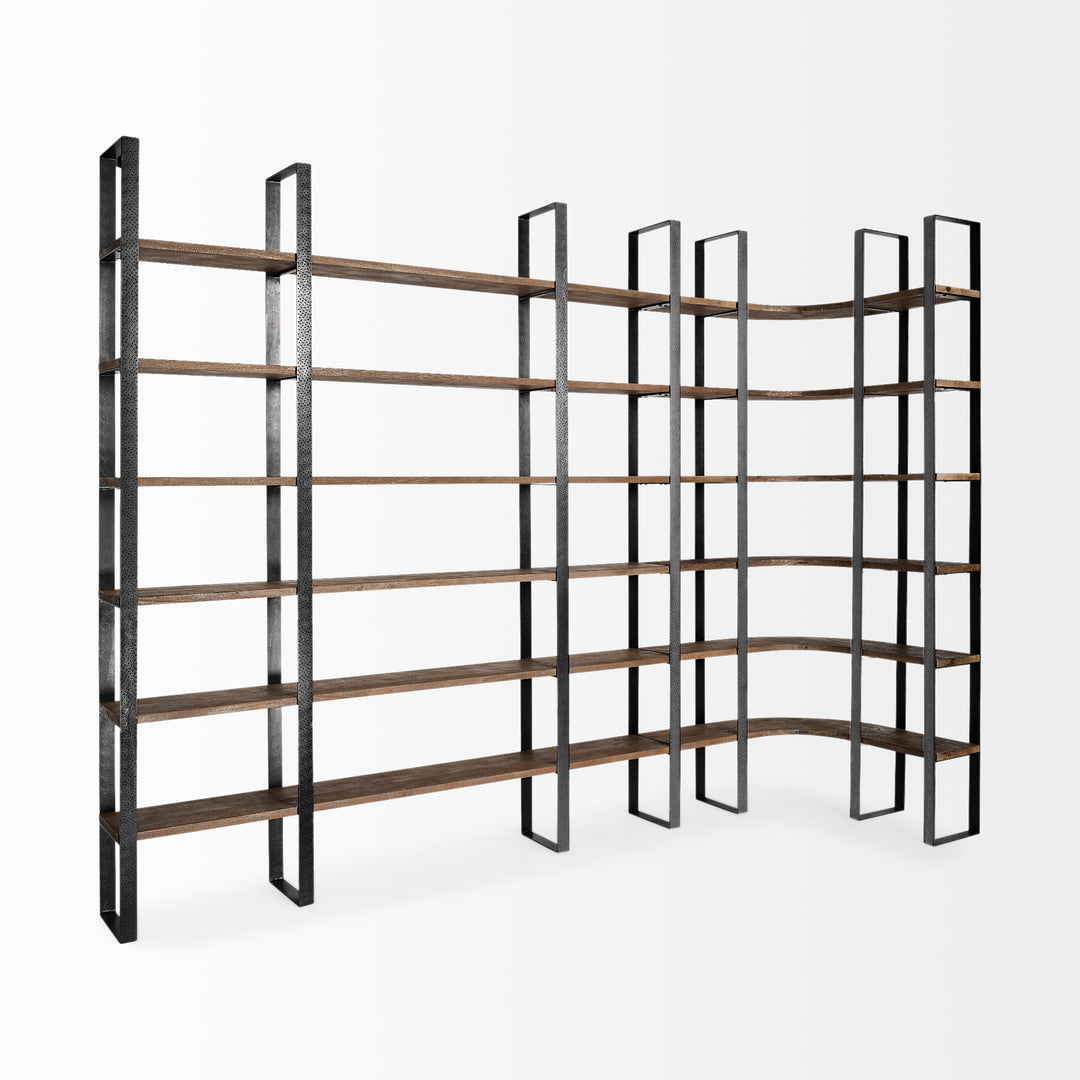 Taunton II Dark Brown Wood And Black Iron Six Shelving Unit Living Room Mercana