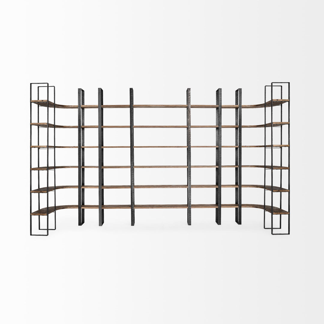 Taunton II Dark Brown Wood And Black Iron Six Shelving Unit Living Room Mercana