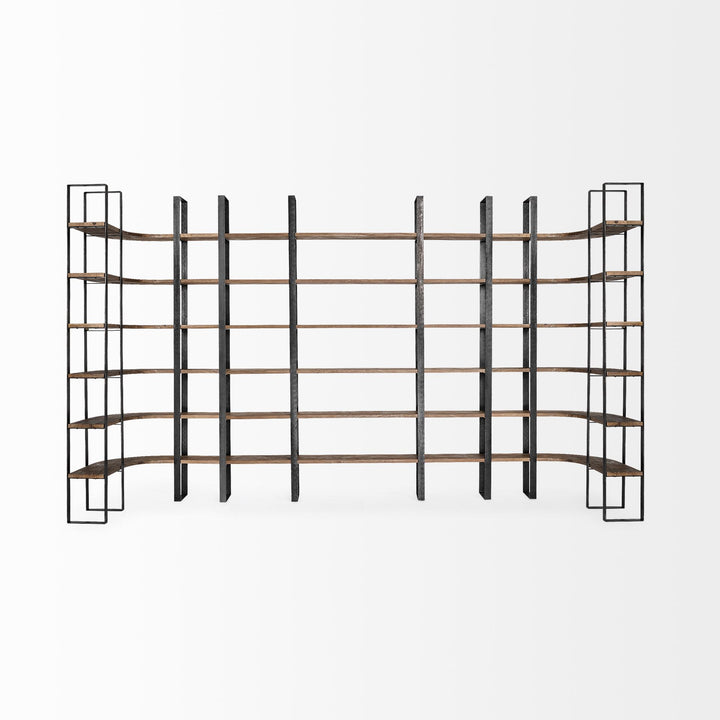 Taunton II Dark Brown Wood And Black Iron Six Shelving Unit Living Room Mercana