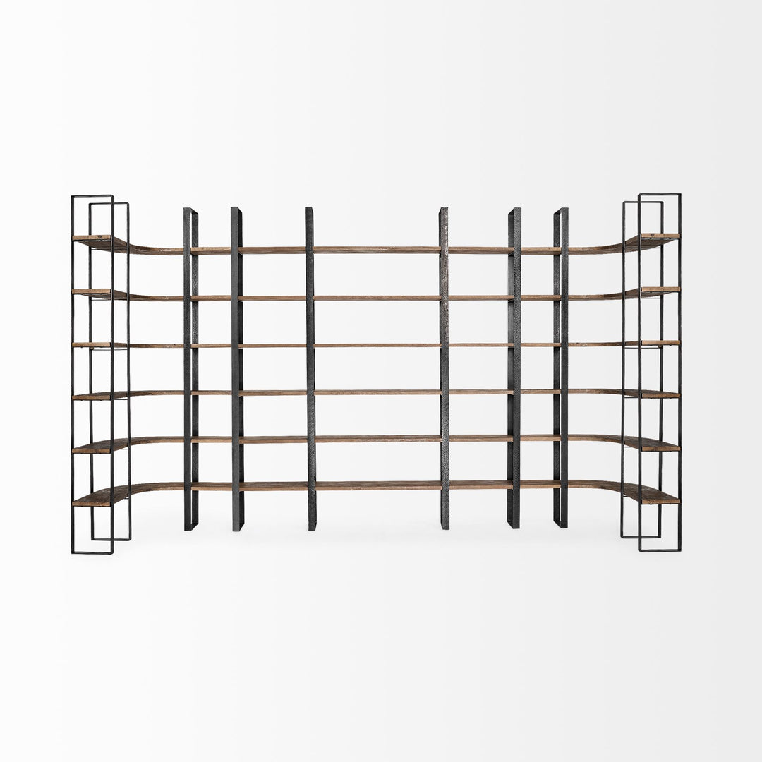 Turner II Curved Dark Brown Wood And Black Iron Six Shelving Unit Living Room Mercana