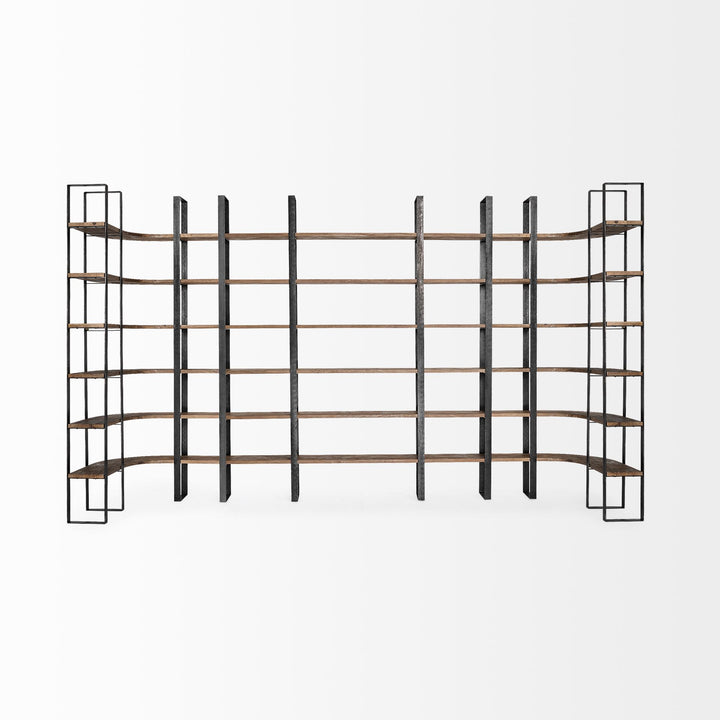 Turner II Curved Dark Brown Wood And Black Iron Six Shelving Unit Living Room Mercana