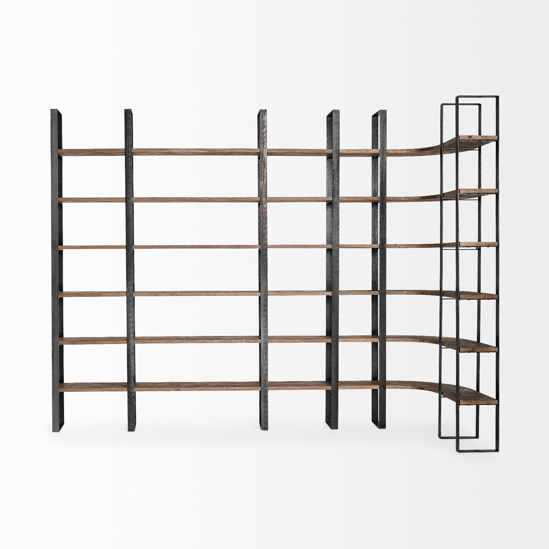 Taunton II Dark Brown Wood And Black Iron Six Shelving Unit Living Room Mercana