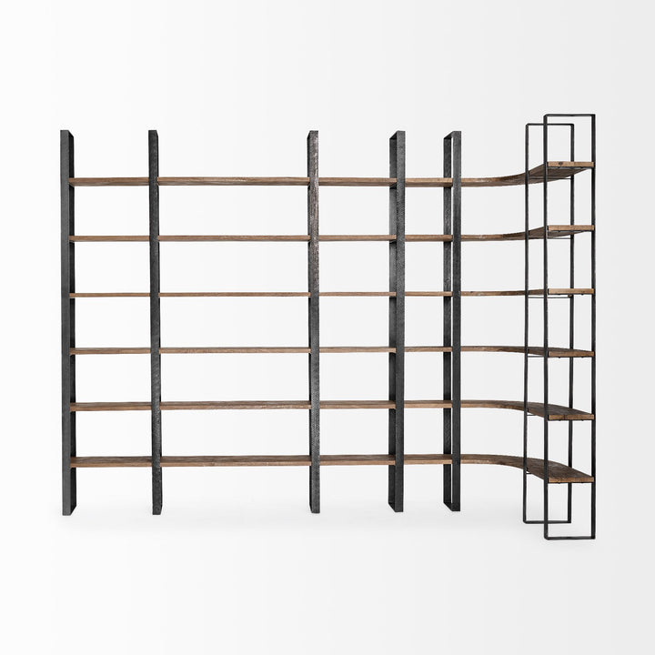 Taunton II Dark Brown Wood And Black Iron Six Shelving Unit Living Room Mercana