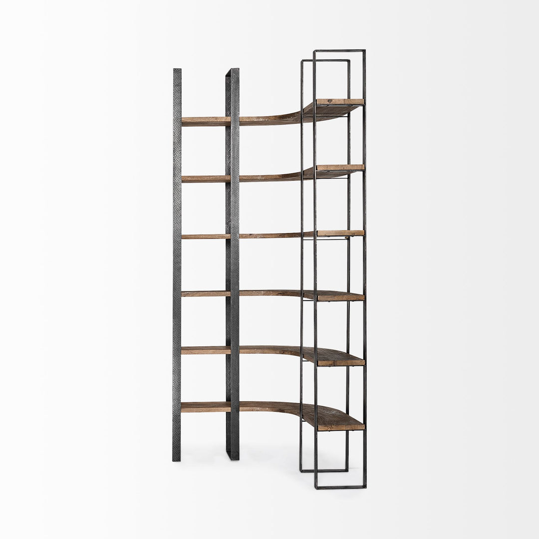 Turner II Curved Dark Brown Wood And Black Iron Six Shelving Unit Living Room Mercana