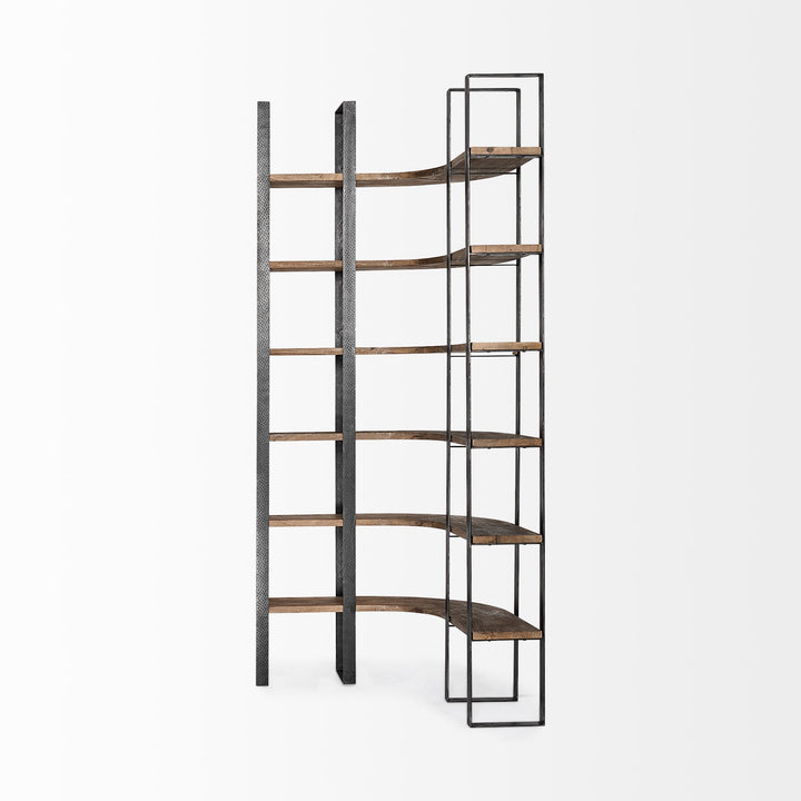 Turner II Curved Dark Brown Wood And Black Iron Six Shelving Unit Living Room Mercana