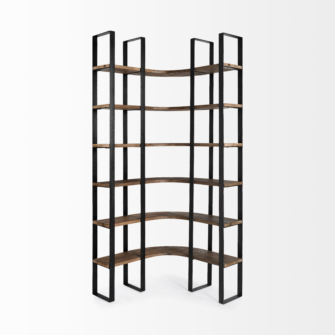Turner II Curved Dark Brown Wood And Black Iron Six Shelving Unit Living Room Mercana