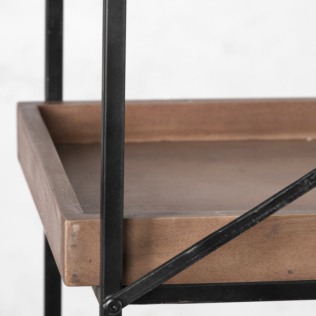 Trey IV Medium Brown Wood and Iron Five Tray Shelf Shelving Unit Decor Mercana
