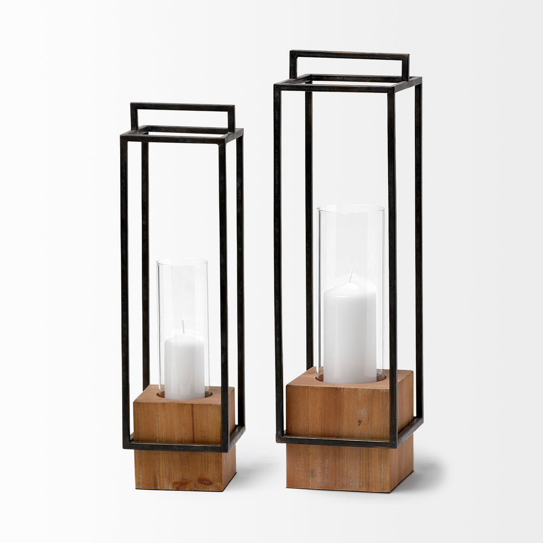 Orionis Large Wood w/ Black Metal Lantern Candle Holder Decor Mercana