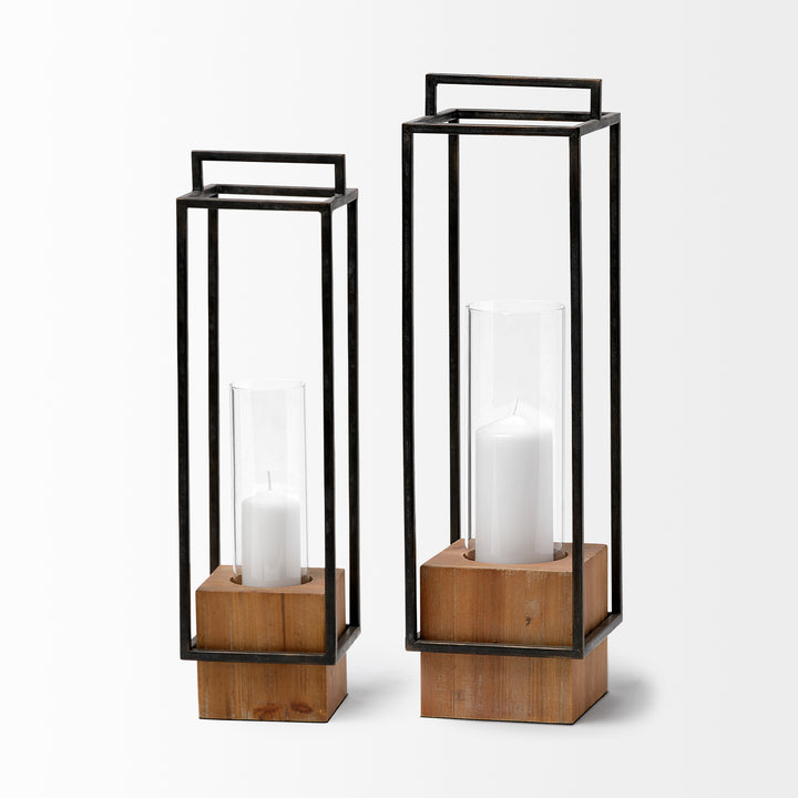 Orionis Large Wood w/ Black Metal Lantern Candle Holder Decor Mercana