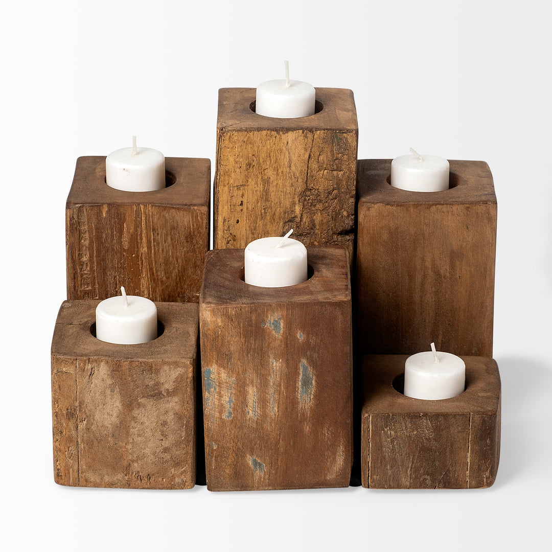 Cassius Light Brown Nine Wood Block Table Candle Holder Decor Mercana