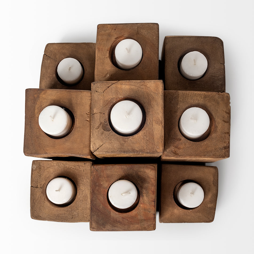 Cassius Light Brown Nine Wood Block Table Candle Holder Decor Mercana