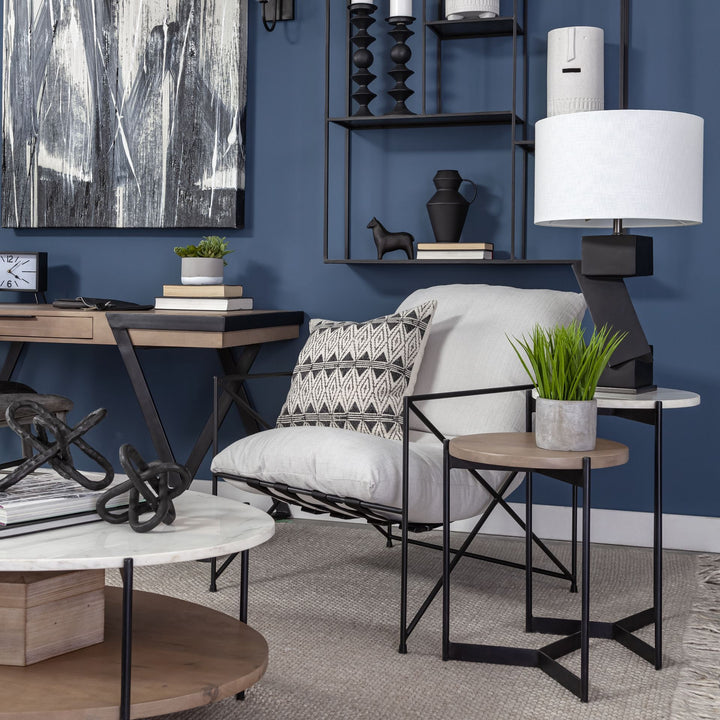 Larkin II Marble and Medium Brown Wood Round Tabletop Nesting End/Side Tables Living Room Mercana