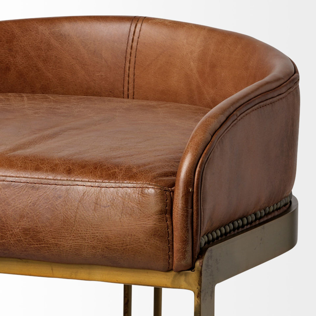 Hollyfield II Brown Leather Seat Gold Metal Base Stool Dining Room Mercana