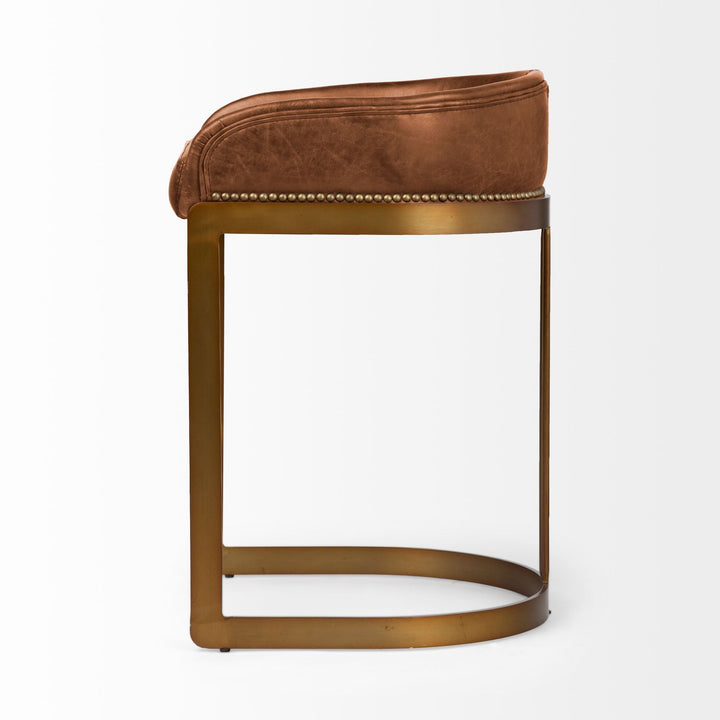 Hollyfield II Brown Leather Seat Gold Metal Base Stool Dining Room Mercana