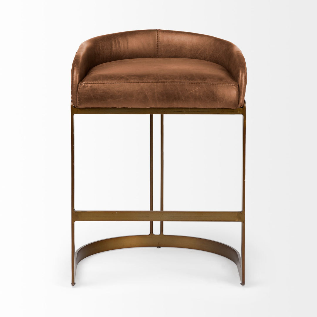 Hollyfield II Brown Leather Seat Gold Metal Base Stool Dining Room Mercana