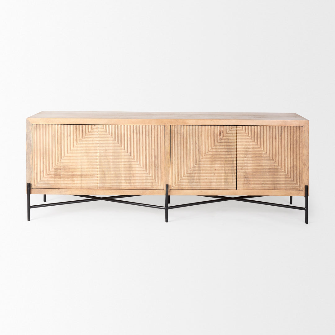Cairo 78x19 Brown Solid Wood Black Metal Base 4 Door Cabinet Sideboard Dining Room Mercana