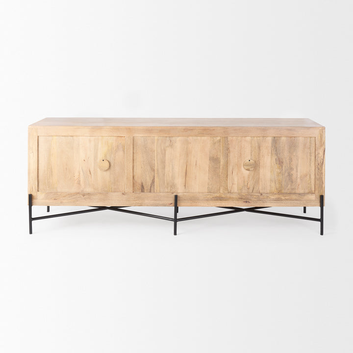 Cairo 78x19 Brown Solid Wood Black Metal Base 4 Door Cabinet Sideboard Dining Room Mercana