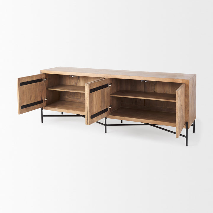 Cairo 78x19 Brown Solid Wood Black Metal Base 4 Door Cabinet Sideboard Dining Room Mercana