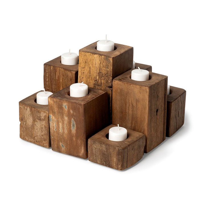 Cassius Light Brown Nine Wood Block Table Candle Holder Decor Mercana