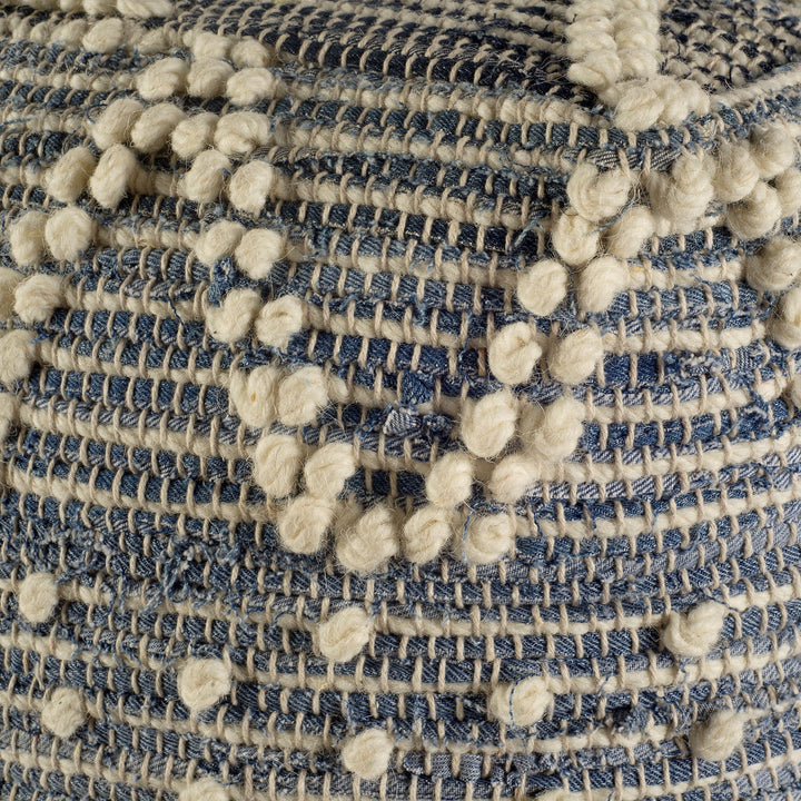 Rofi Blue Denim and Cream Cotton Stitched Square Pouf Living Room Mercana