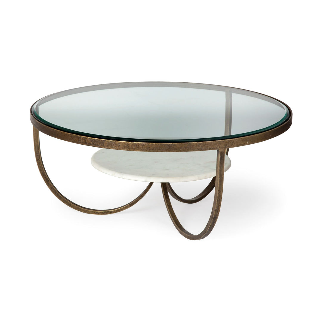 Reinhardt 36" Round Glass Top Marble Shelf Gold Metal Base Coffee Table Living Room Mercana