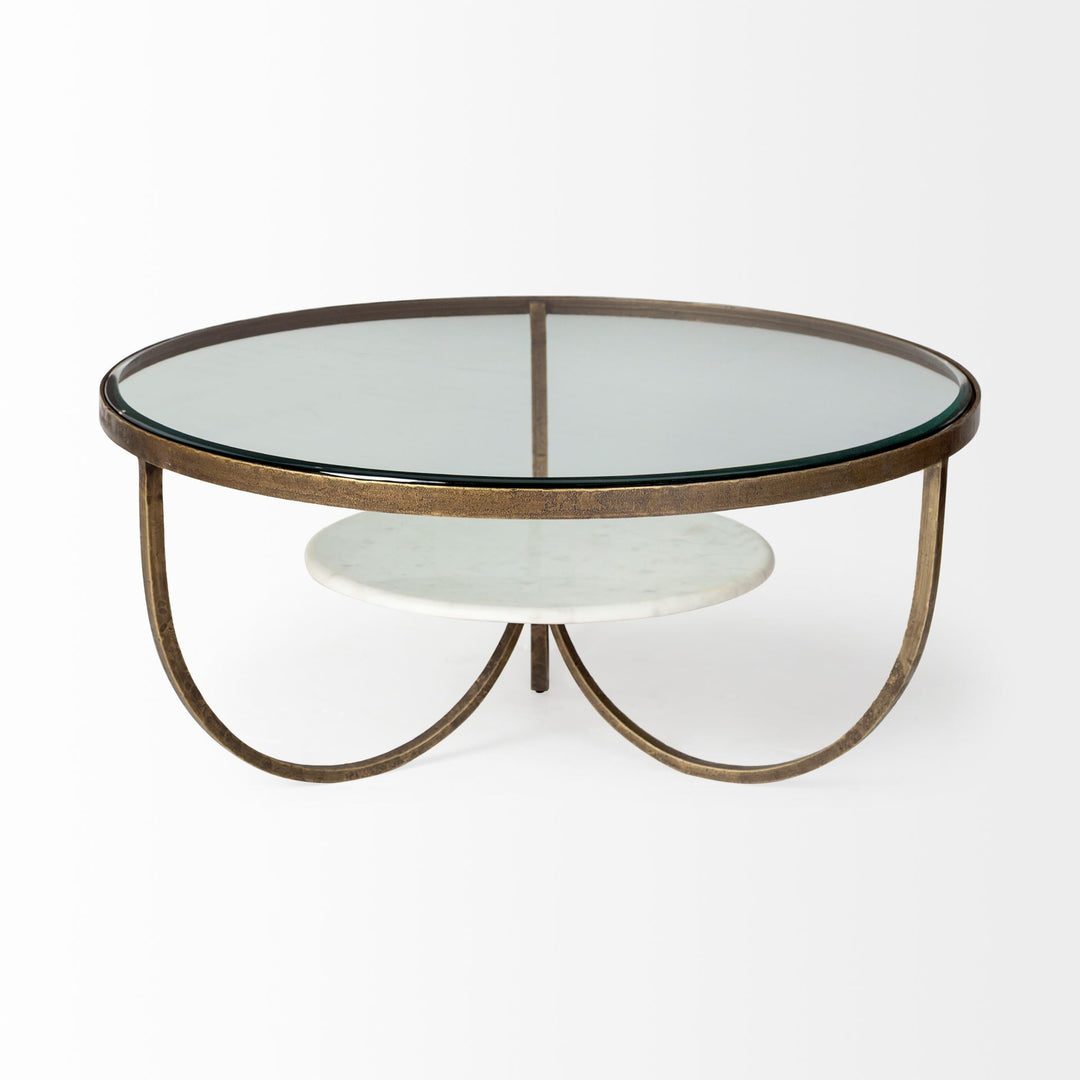 Reinhardt 36" Round Glass Top Marble Shelf Gold Metal Base Coffee Table Living Room Mercana