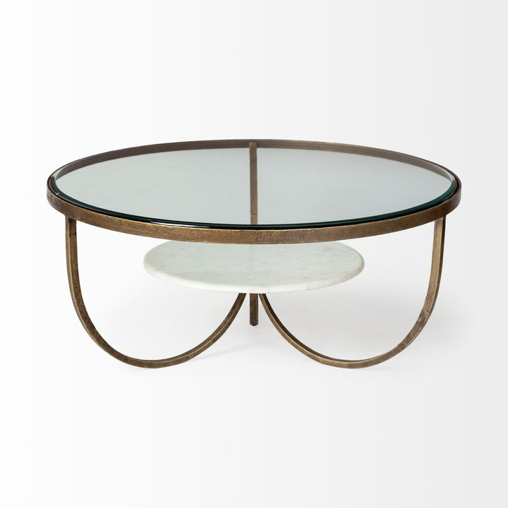 Reinhardt 36" Round Glass Top Marble Shelf Gold Metal Base Coffee Table Living Room Mercana