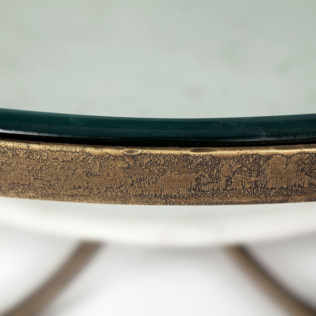 Reinhardt 36" Round Glass Top Marble Shelf Gold Metal Base Coffee Table Living Room Mercana