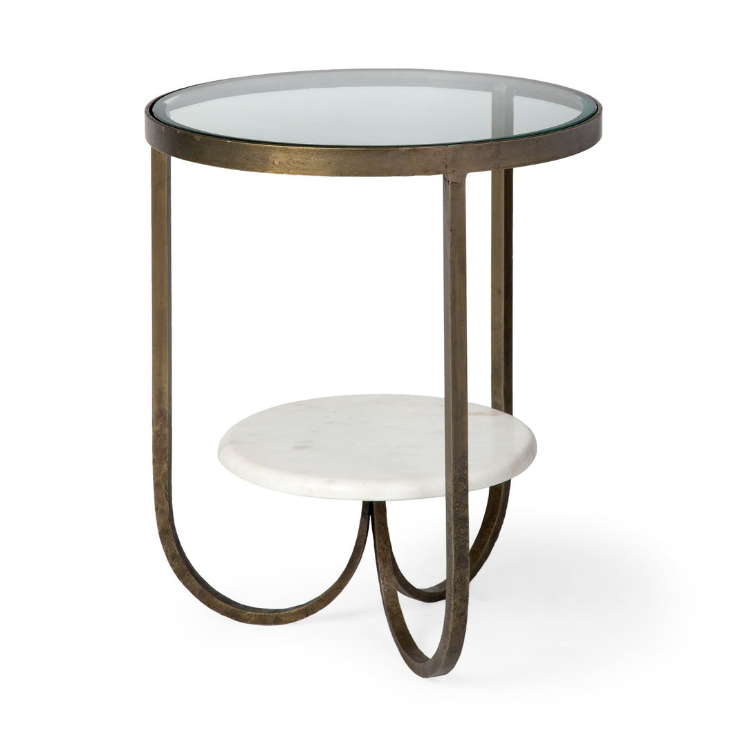 Reinhardt II 20" Round Glass Top Metal and Marble Detail End/Side Table Living Room Mercana