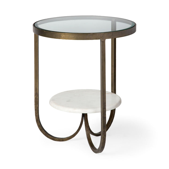 Reinhardt II 20" Round Glass Top Metal and Marble Detail End/Side Table Living Room Mercana