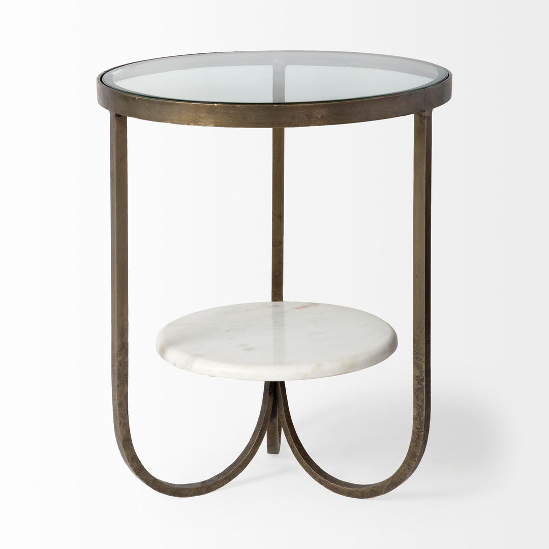 Reinhardt II 20" Round Glass Top Metal and Marble Detail End/Side Table Living Room Mercana