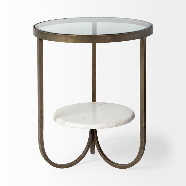 Reinhardt II 20" Round Glass Top Metal and Marble Detail End/Side Table Living Room Mercana