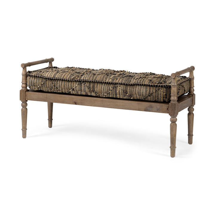 Fullerton II 57L x 21W Jute Patterned Top W/Brown Wood Base Accent Bench Living Room Mercana