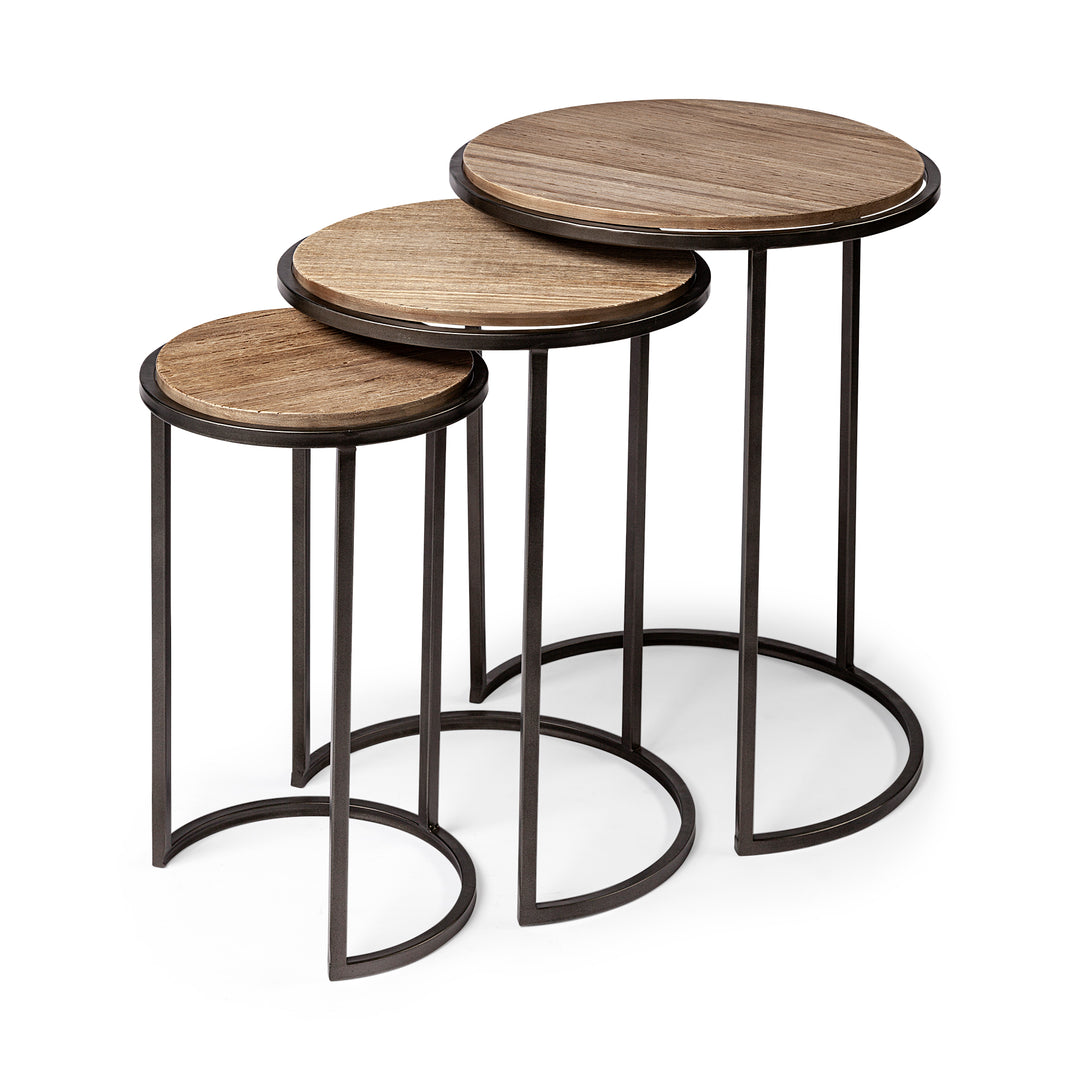 Glover (Set of 3) 20L x 20W Brown Wood Round Top W/Metal Nesting Accent Tables Dining Room Mercana