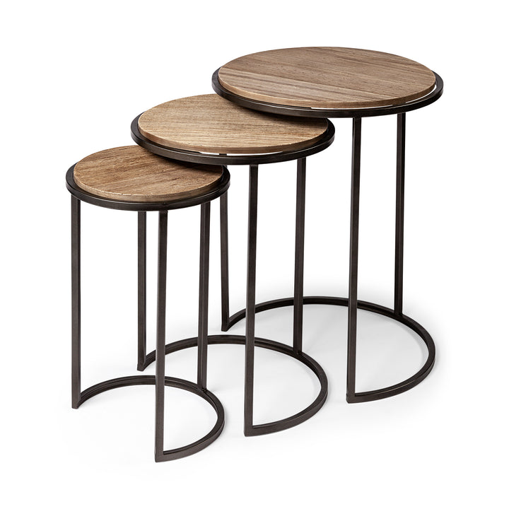 Glover (Set of 3) 20L x 20W Brown Wood Round Top W/Metal Nesting Accent Tables Dining Room Mercana