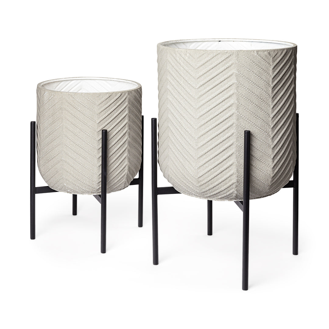 Mabel Set of Two 15.4 x 24.8 Eggshell Metal Top W/ Black Iron Base Plant Stands Decor Mercana