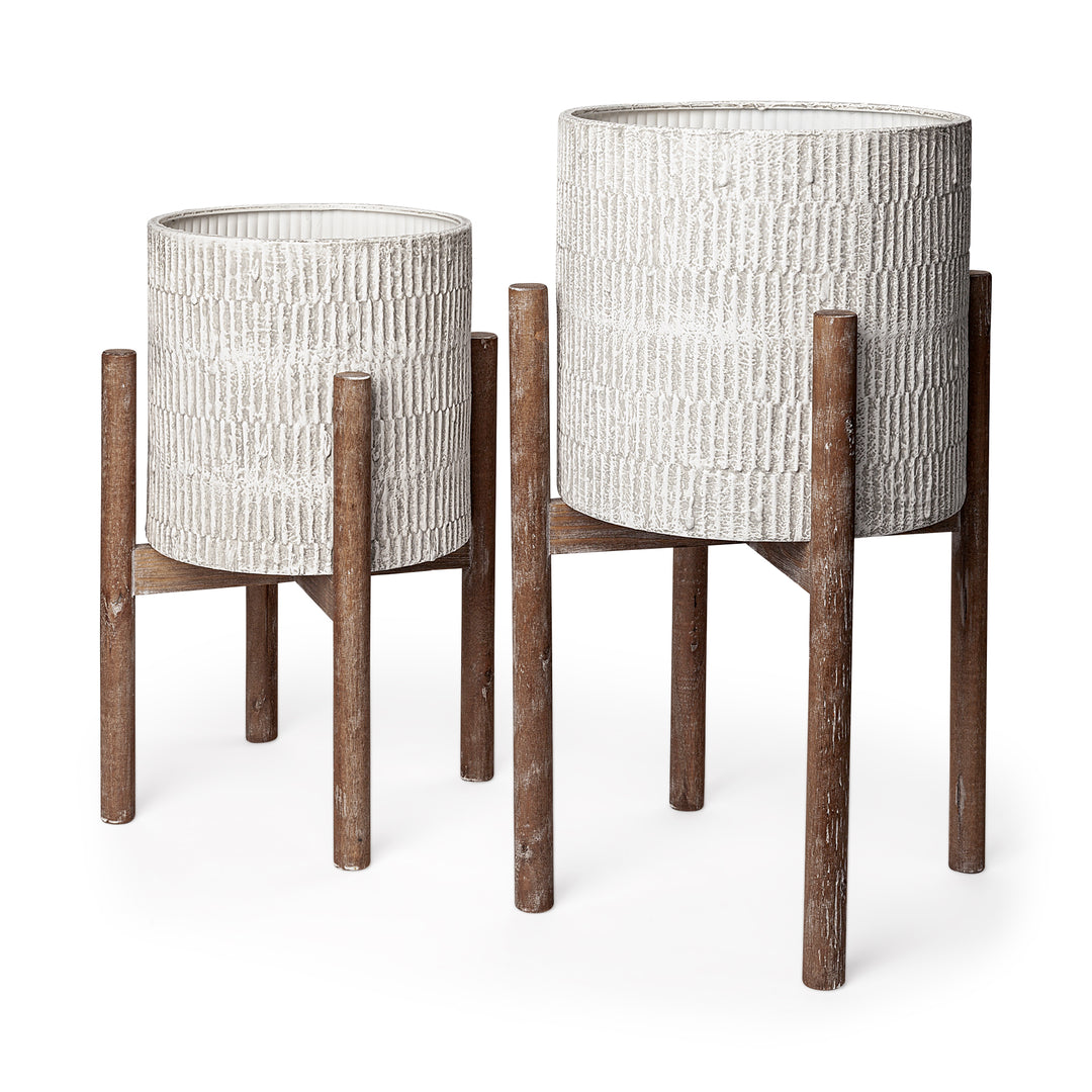 Groot Set of Two 11.8 x 23 Eggshell Ceramic Wooden Base Plant Stands Decor Mercana